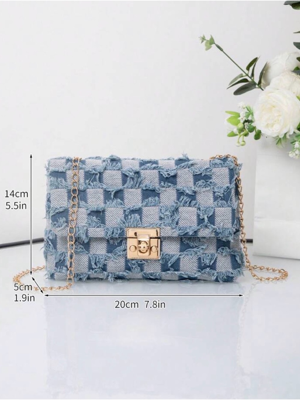 Frayed Light Blue Woven Denim Crossbody Bag with Gold Chain - Picture 3 of 6